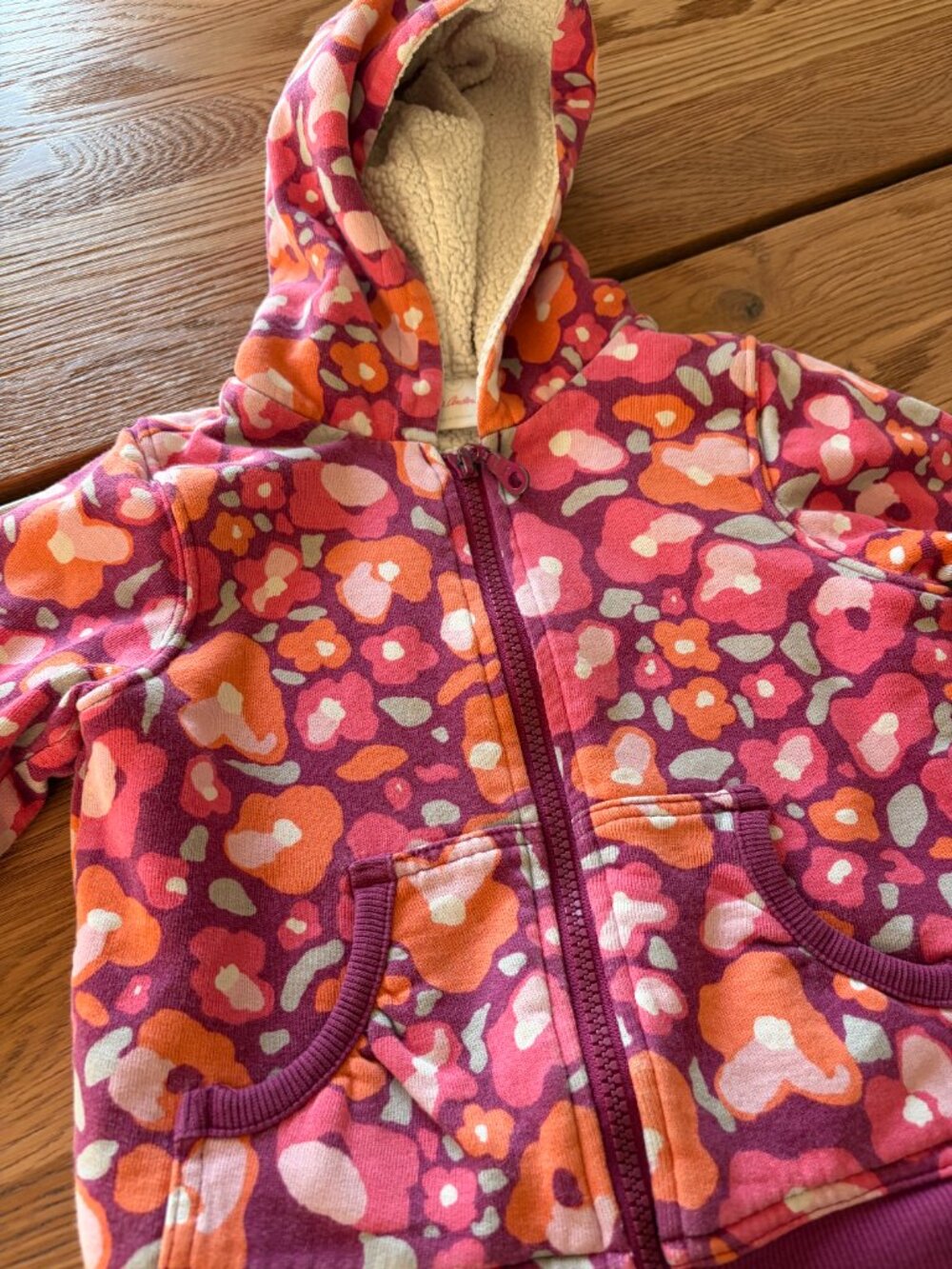 Hanna Andersson 4T Floral Fleece Hooded Jacket Sherpa Lined Pink Magenta